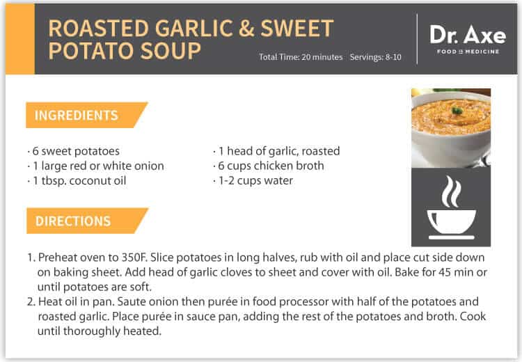 Roasted Garlic and Sweet Potato Soup, Dr. Axe Recipe Card