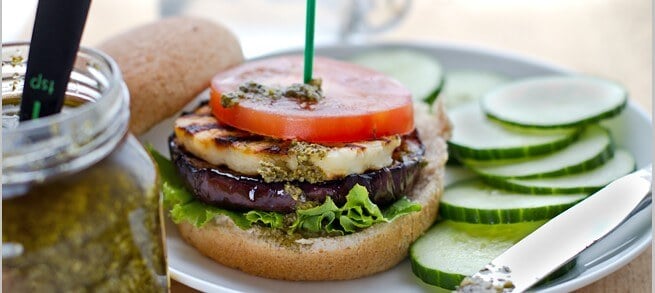 Grilled Eggplant, Halloumi, and Pesto Burgers