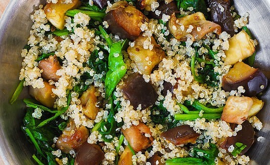 Roasted Eggplant With Spinach, Quinoa, and Feta