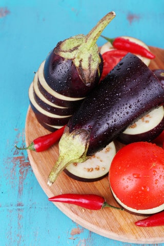 Chopped aubergines eggplant and tomato