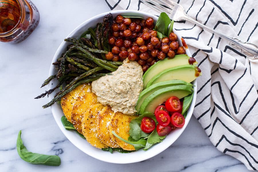 Spicy BBQ Chickpea and Crispy Polenta Bowls With Asparagus + Ranch Hummus
