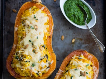 Cheesy Millet-Stuffed Butternuts With Shiitakes and Kale Pesto