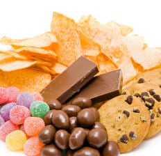 Junk food on plate isolated on white. Cookies chocolate chips and gum drops.