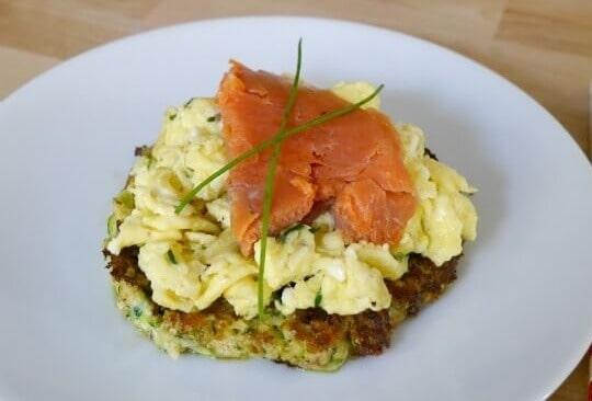 Zucchini Cakes with Smoked Salmon and Eggs