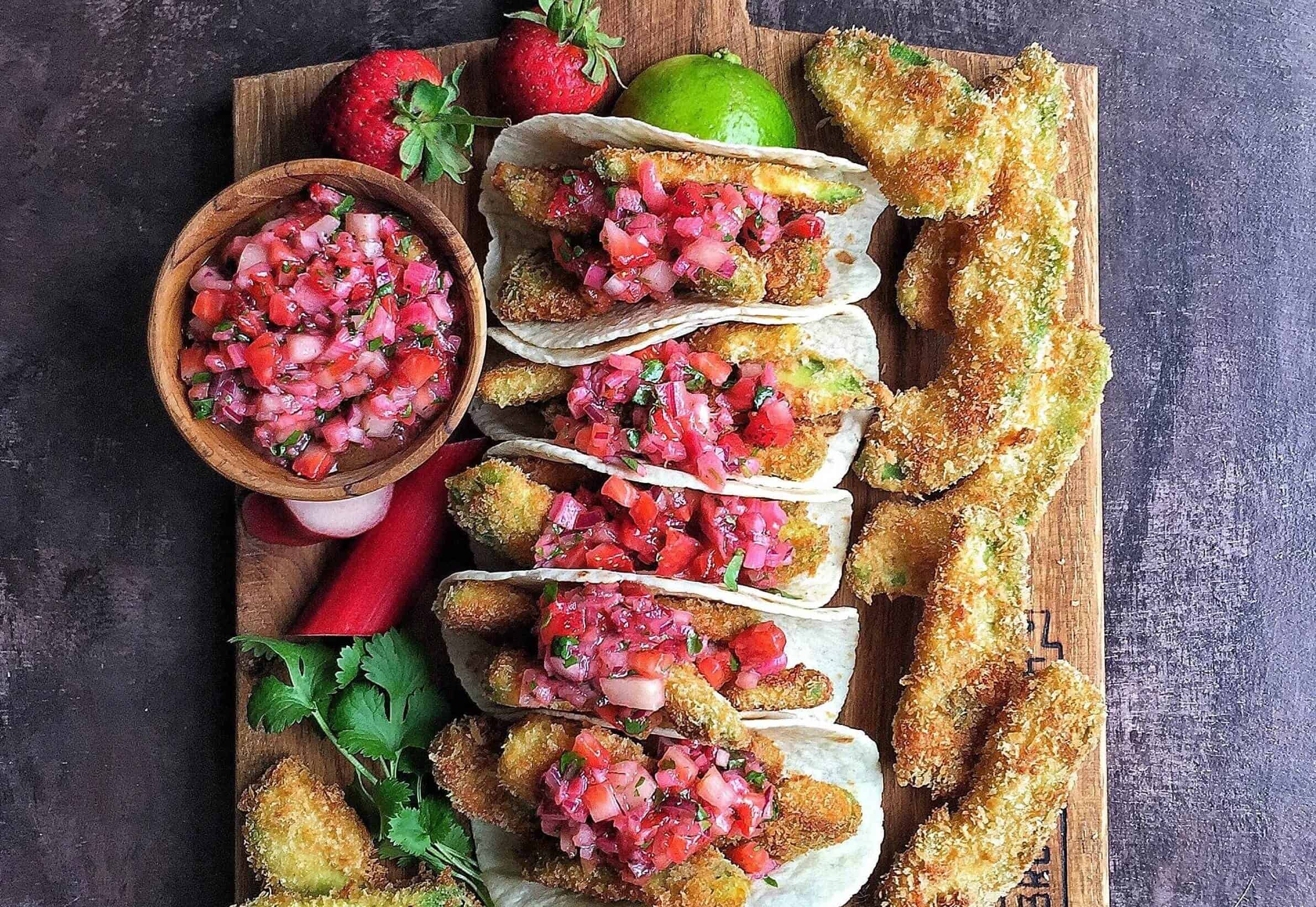 Fried Avocado Tacos with Strawberry & Rhubarb Salsa