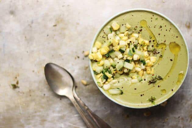 Cream of Basil Soup with a Corn & Cucumber Salad