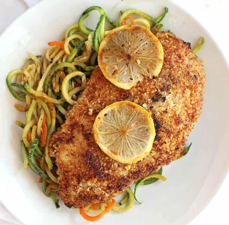 Almond-Crusted Chicken with Lemon Zucchini Noodles