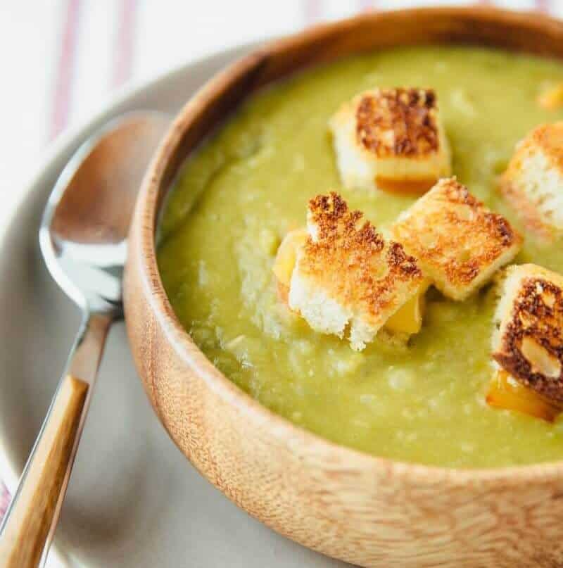 Vegetarian Pea Soup with Grilled Cheese Croutons